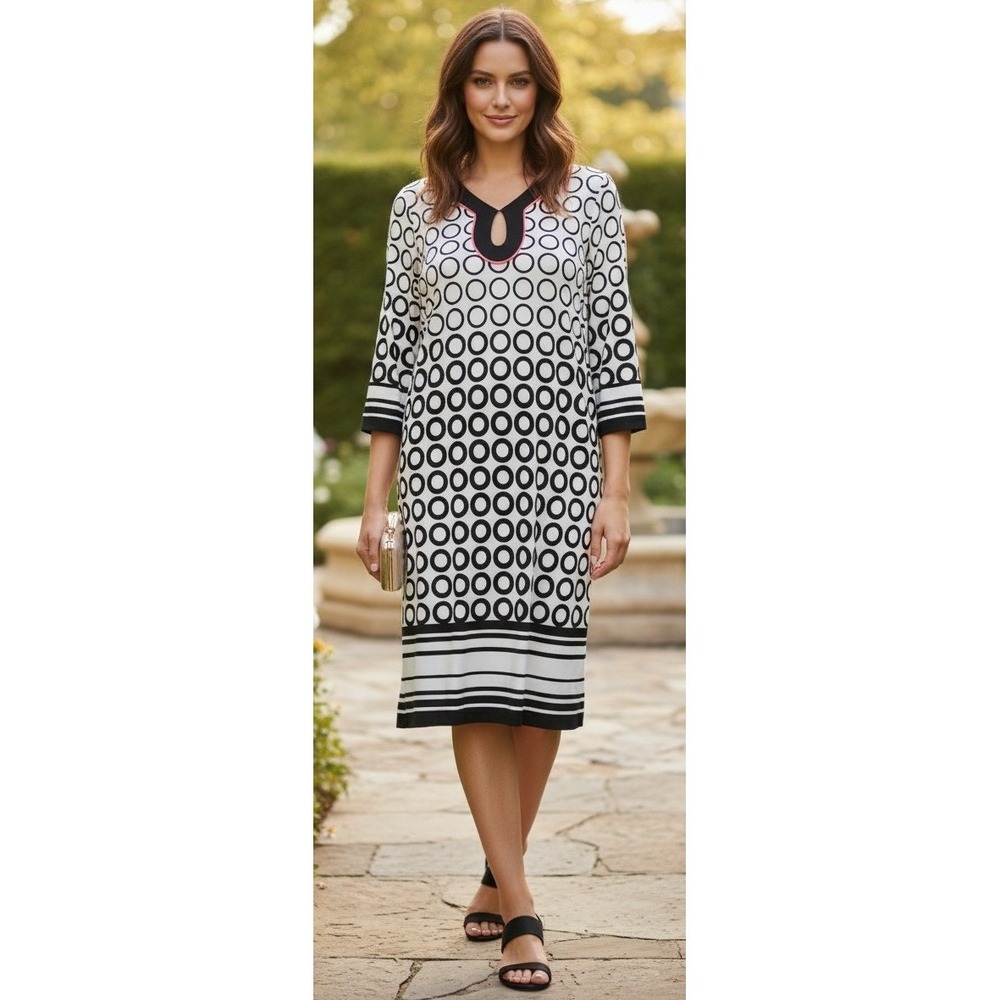 Signature Camryn Dress Black White Circle Mod Geometric Keyhole V-Neck Size 14W